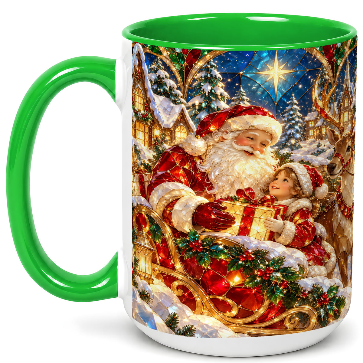 #pl[15oz|Green] Santa Gift Coffee Mug, Christmas Reindeer Mug, Ceramic Cup