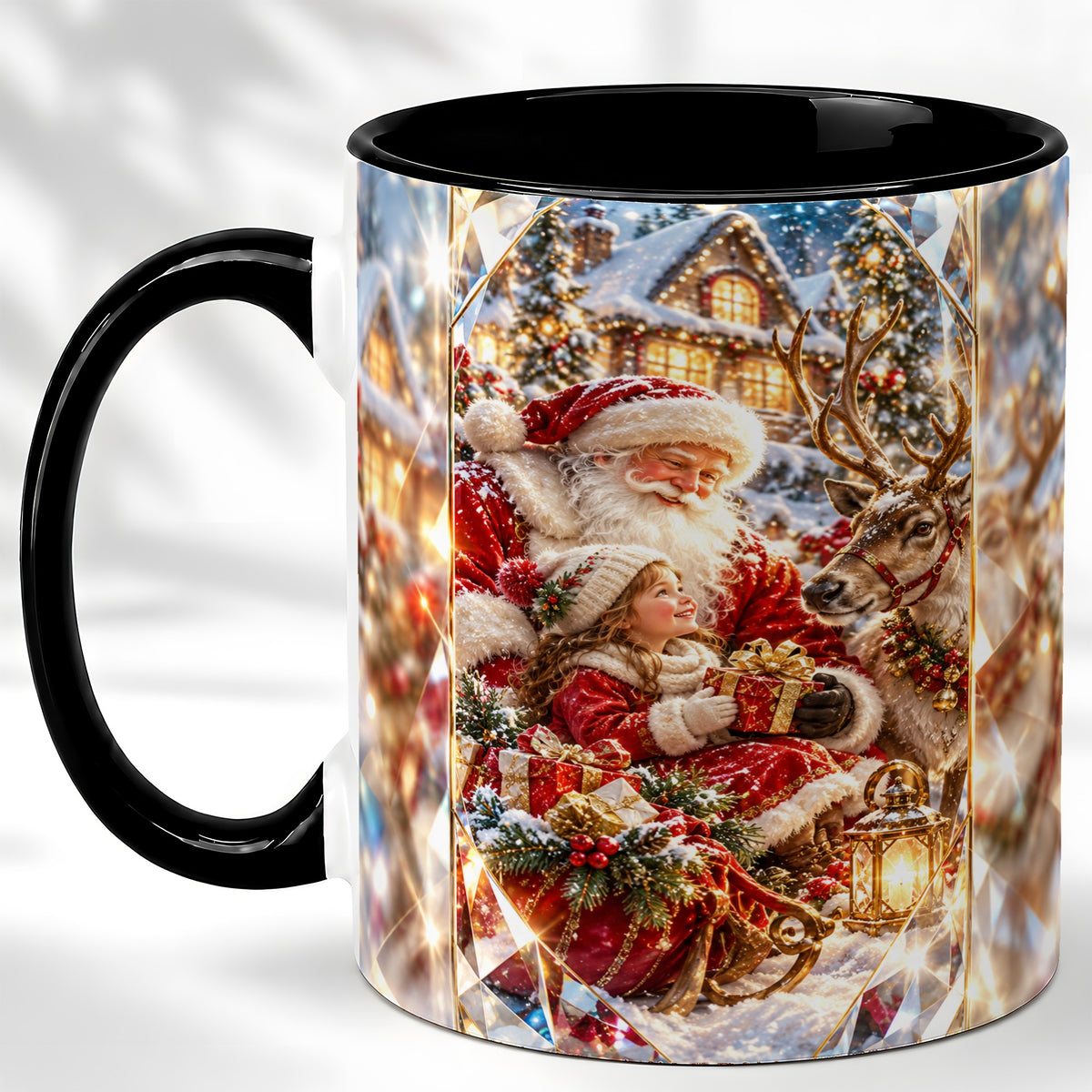 #pl[11oz|Black] Santa Village Coffee Mug, Reindeer Christmas Mug, Ceramic Cup