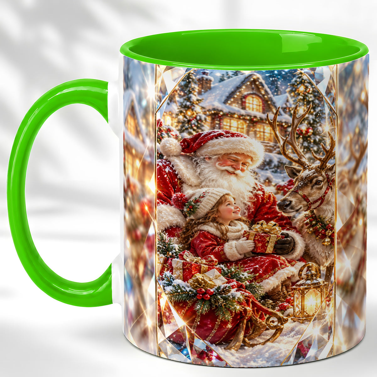 #pl[11oz|Green] Santa Village Coffee Mug, Reindeer Christmas Mug, Ceramic Cup