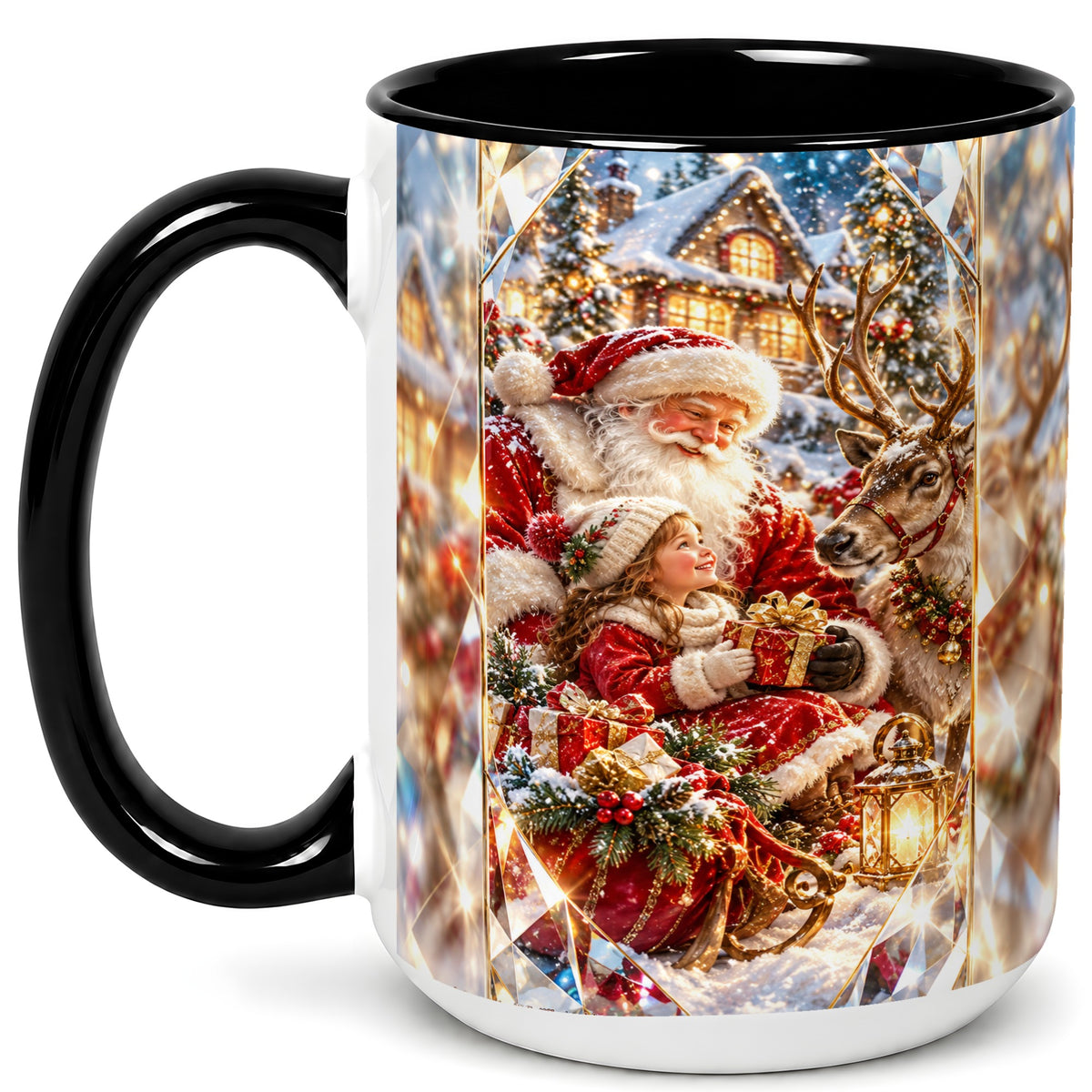 #pl[15oz|Black] Santa Village Coffee Mug, Reindeer Christmas Mug, Ceramic Cup
