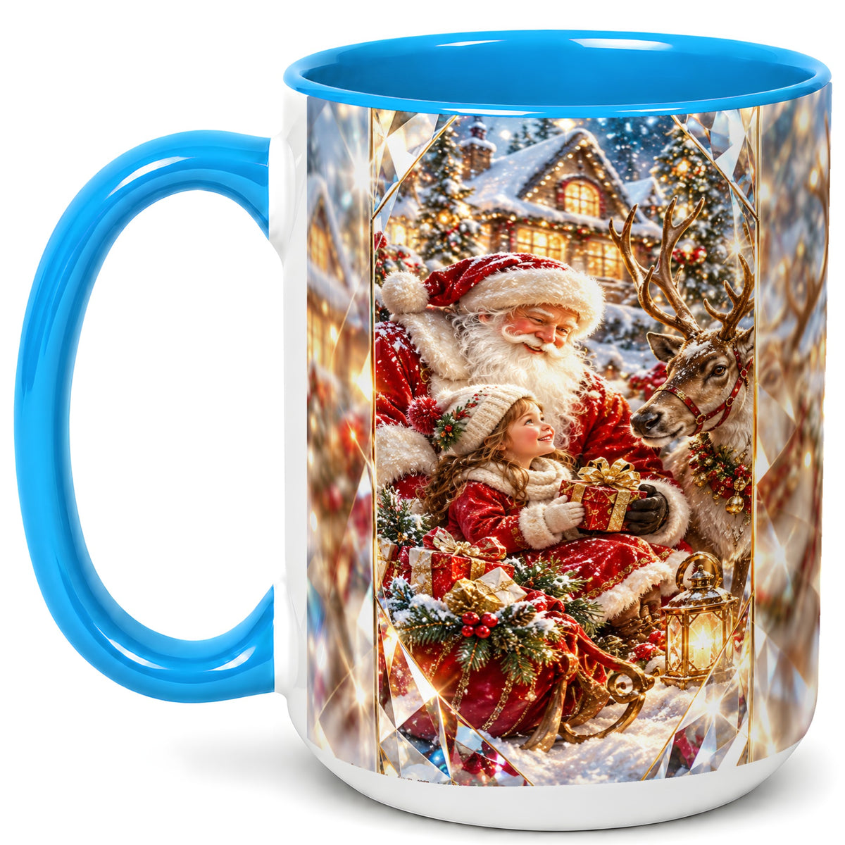 #pl[15oz|Blue] Santa Village Coffee Mug, Reindeer Christmas Mug, Ceramic Cup