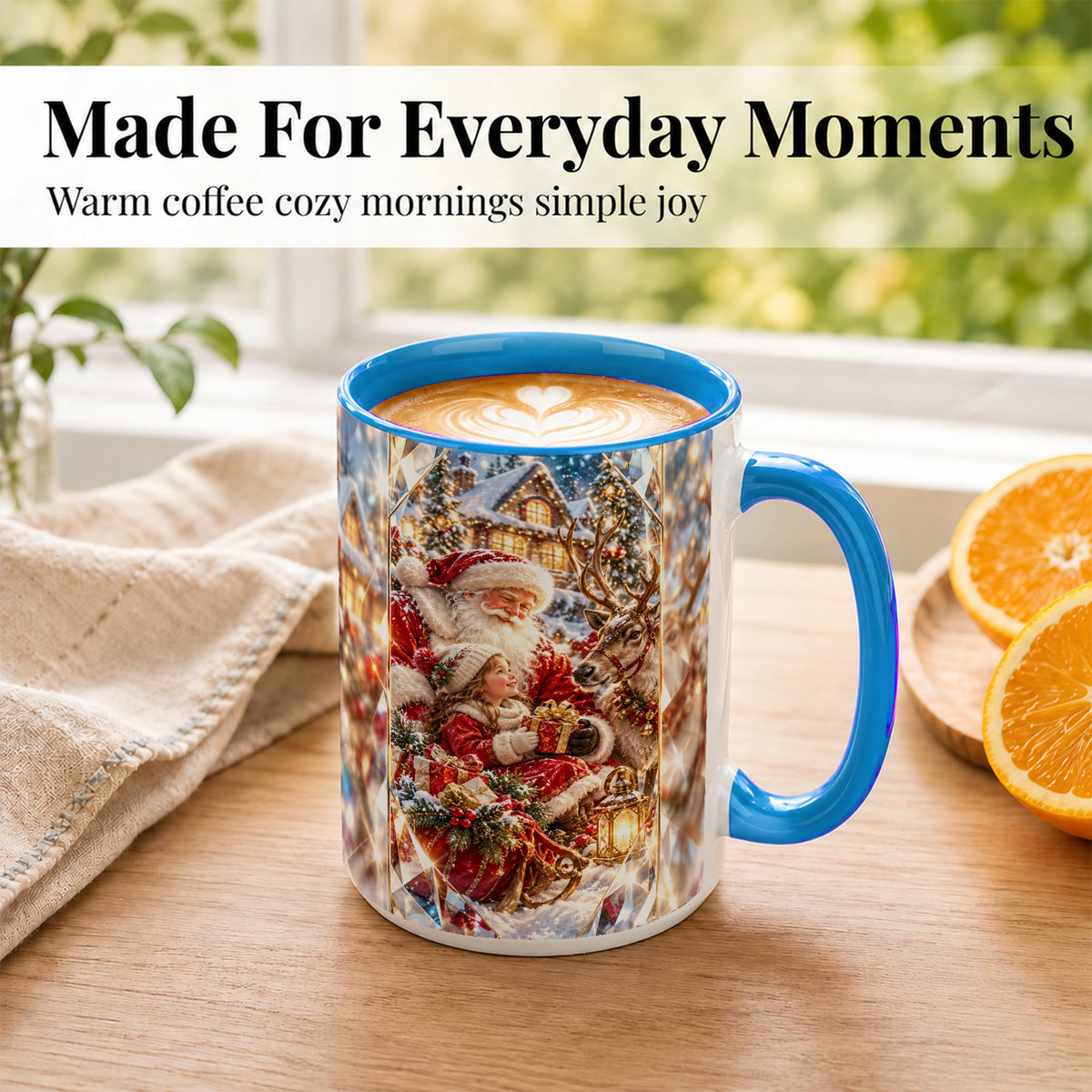 #pl[15oz|Blue] Santa Village Coffee Mug, Reindeer Christmas Mug, Ceramic Cup