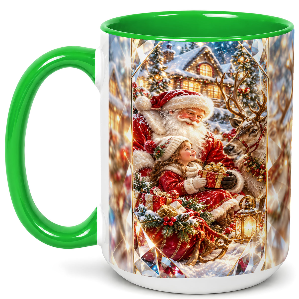 #pl[15oz|Green] Santa Village Coffee Mug, Reindeer Christmas Mug, Ceramic Cup