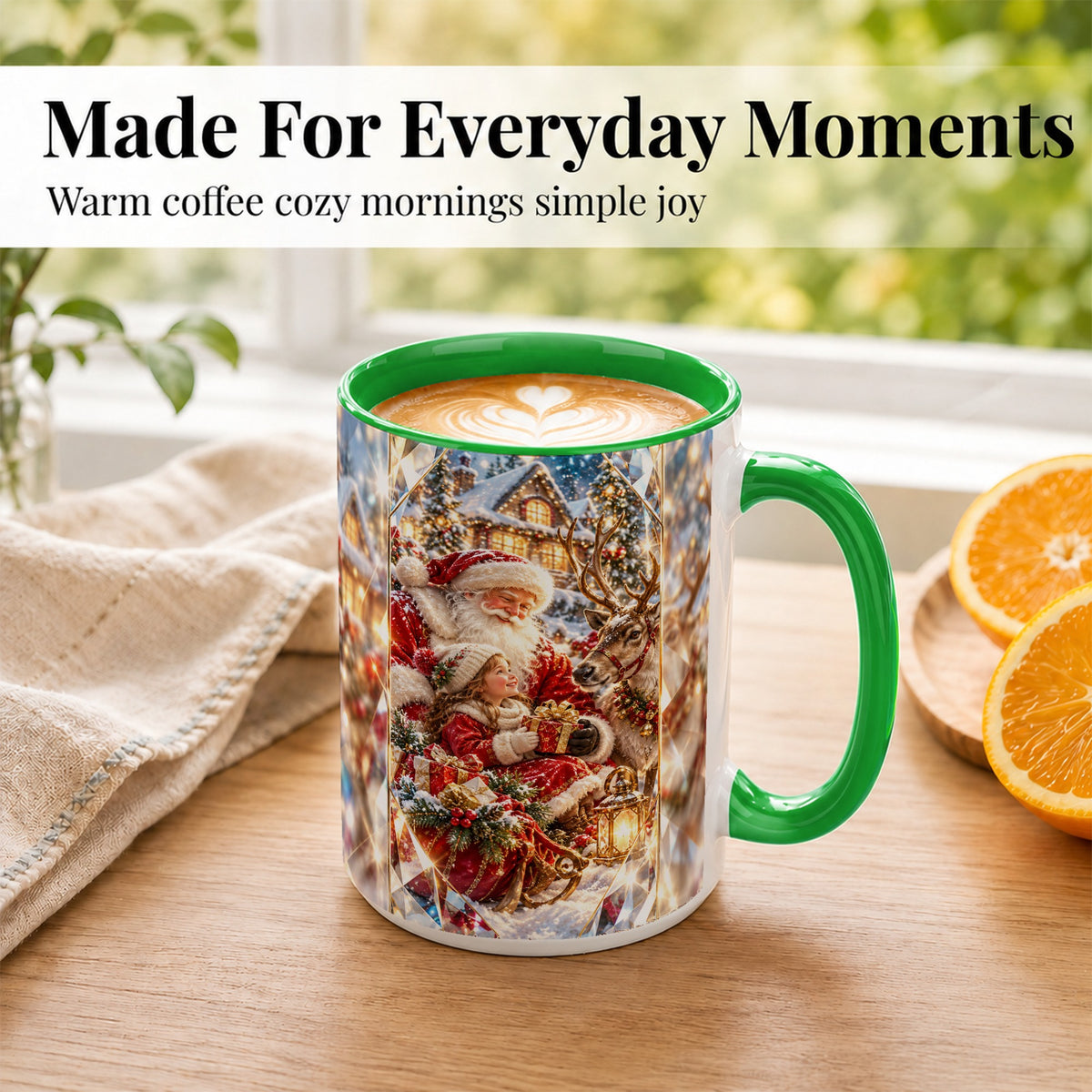 #pl[15oz|Green] Santa Village Coffee Mug, Reindeer Christmas Mug, Ceramic Cup