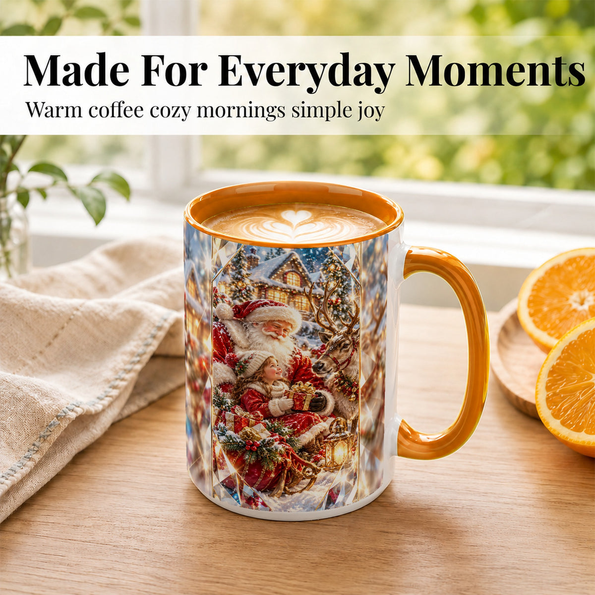 #pl[15oz|Orange] Santa Village Coffee Mug, Reindeer Christmas Mug, Ceramic Cup