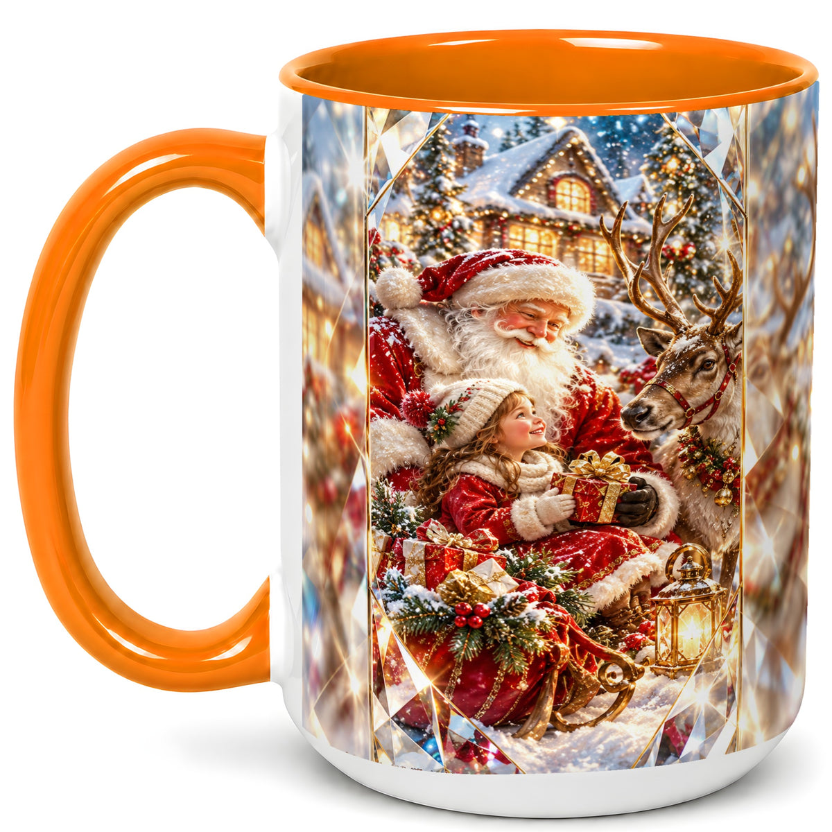 #pl[15oz|Orange] Santa Village Coffee Mug, Reindeer Christmas Mug, Ceramic Cup