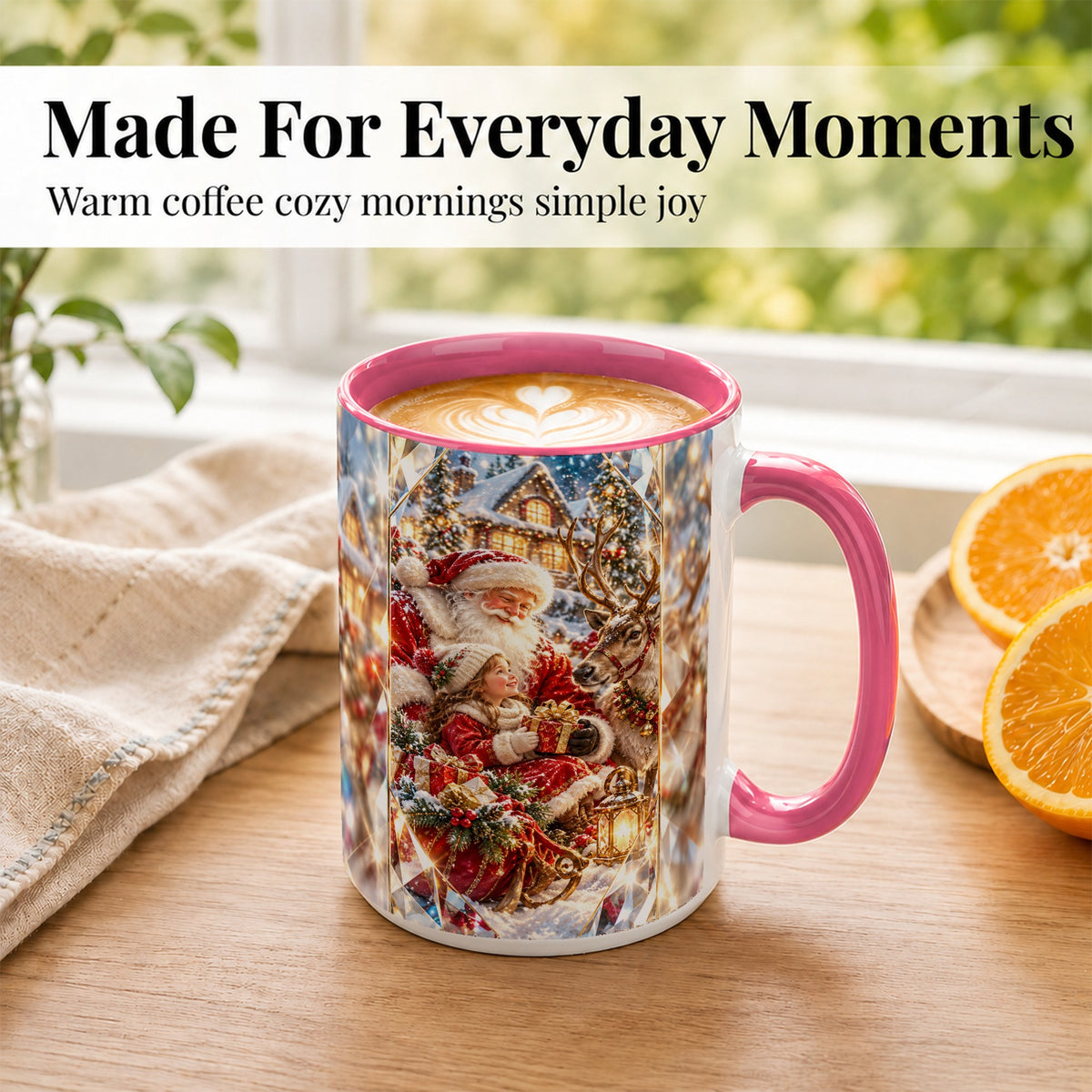 #pl[15oz|Pink] Santa Village Coffee Mug, Reindeer Christmas Mug, Ceramic Cup