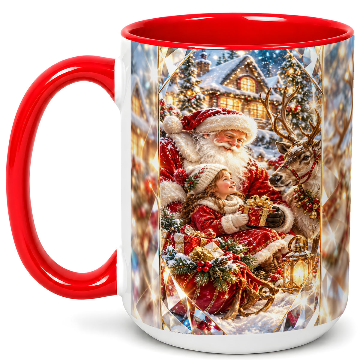 #pl[15oz|Red] Santa Village Coffee Mug, Reindeer Christmas Mug, Ceramic Cup
