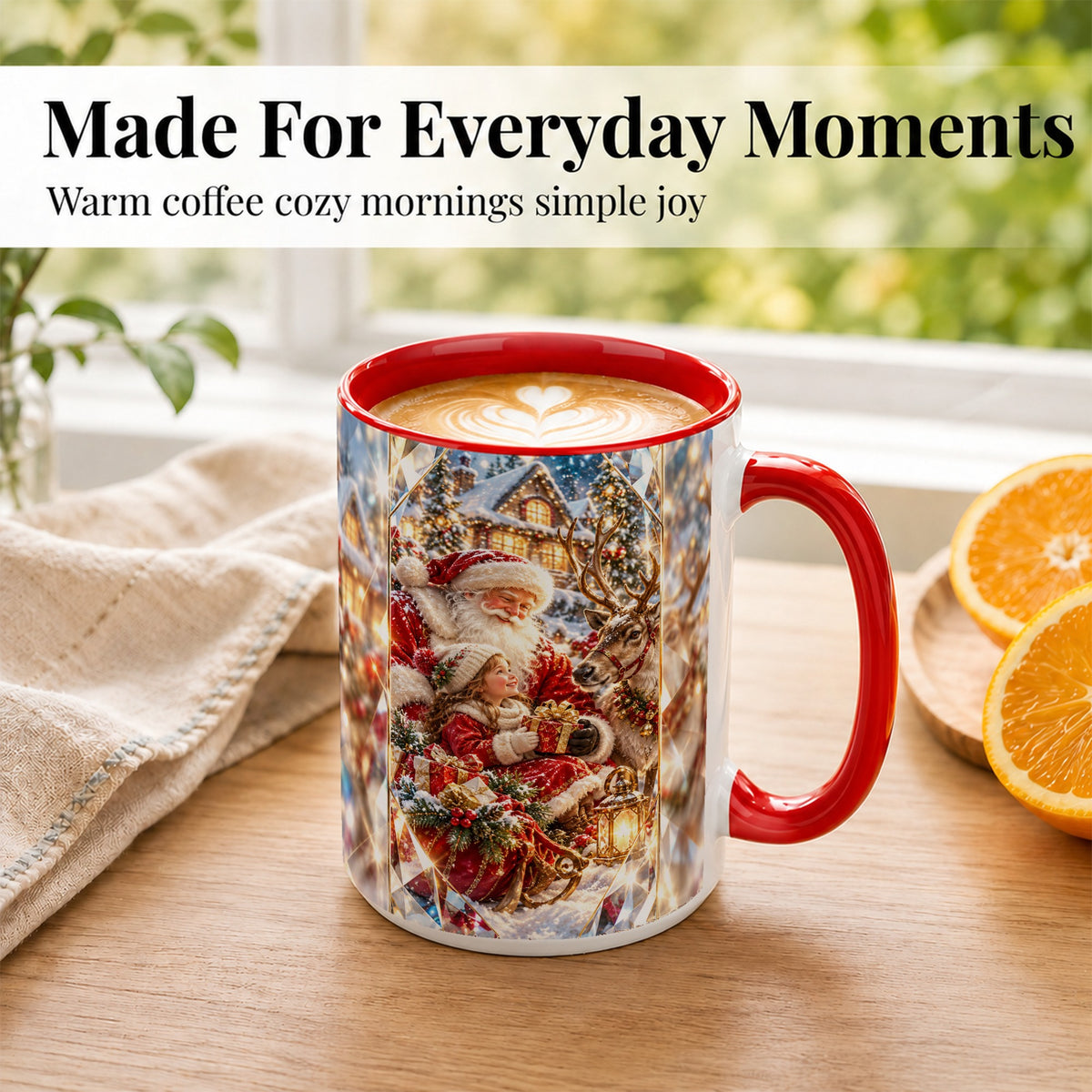 #pl[15oz|Red] Santa Village Coffee Mug, Reindeer Christmas Mug, Ceramic Cup