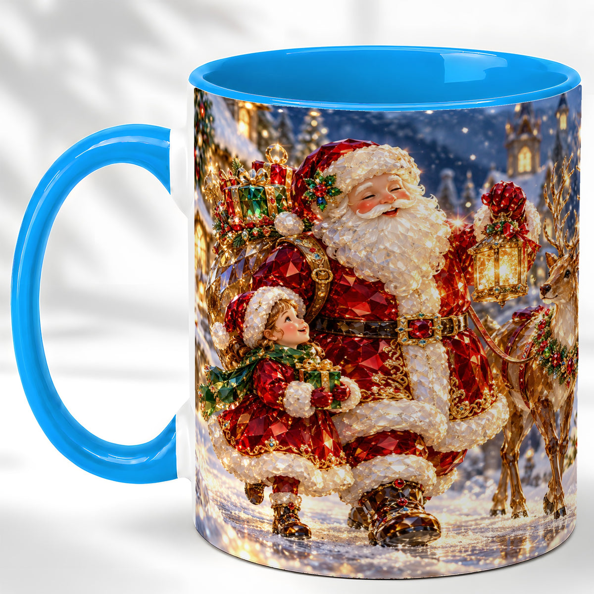 #pl[11oz|Blue] Santa Lantern Coffee Mug, Christmas Reindeer Mug, Ceramic Cup