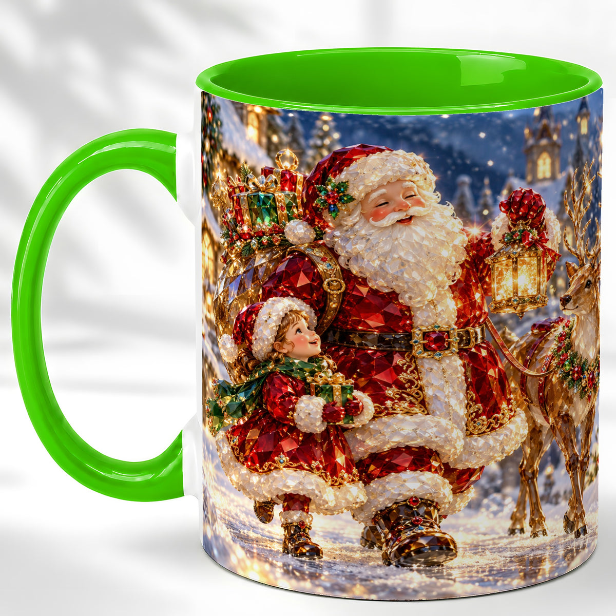 #pl[11oz|Green] Santa Lantern Coffee Mug, Christmas Reindeer Mug, Ceramic Cup