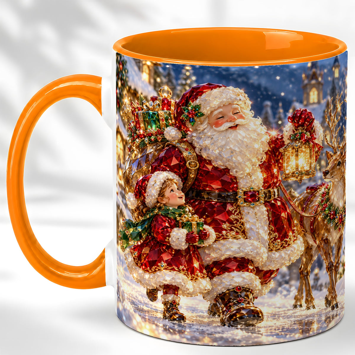 #pl[11oz|Orange] Santa Lantern Coffee Mug, Christmas Reindeer Mug, Ceramic Cup