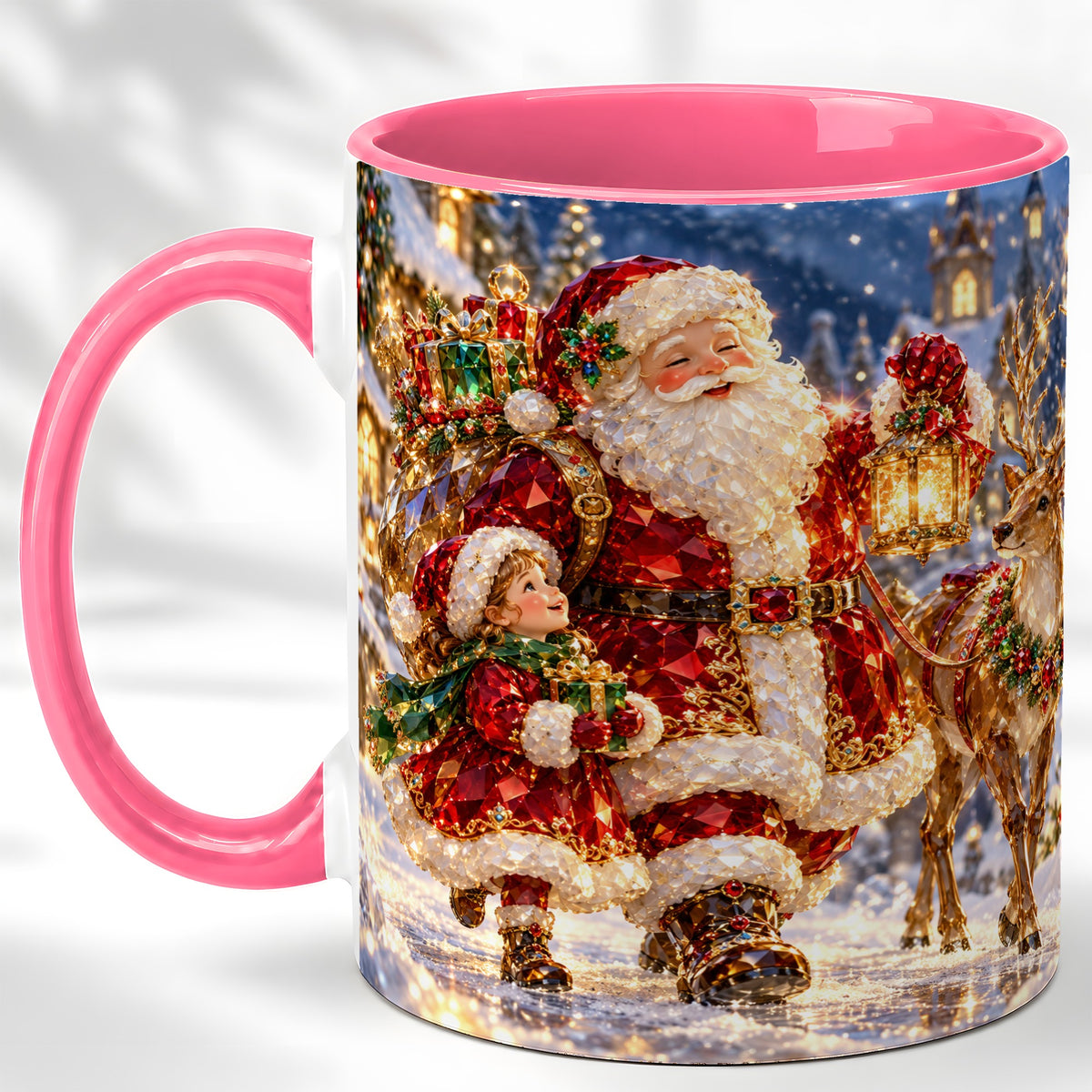 #pl[11oz|Pink] Santa Lantern Coffee Mug, Christmas Reindeer Mug, Ceramic Cup