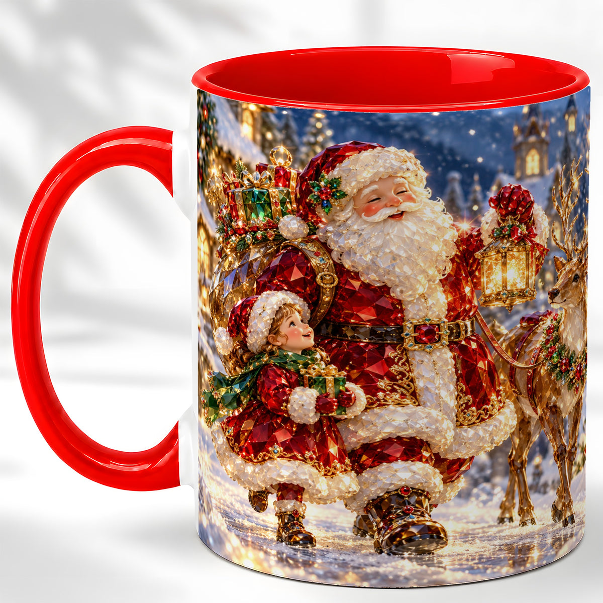 Santa Lantern Coffee Mug, Christmas Reindeer Mug, Ceramic Cup