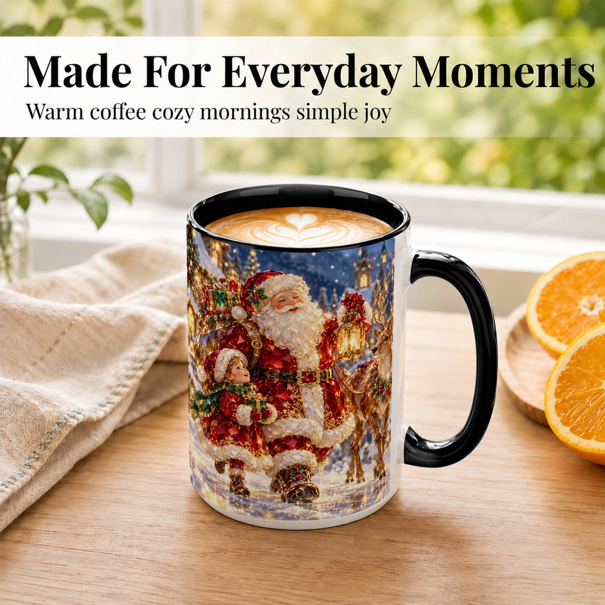 #pl[15oz|Black] Santa Lantern Coffee Mug, Christmas Reindeer Mug, Ceramic Cup
