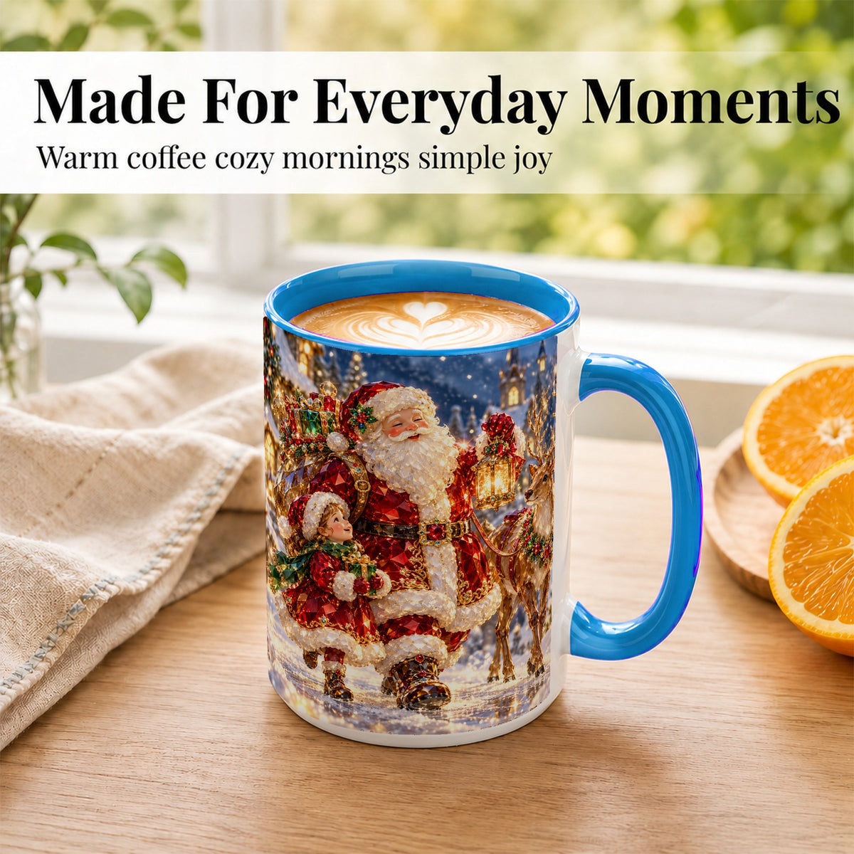 #pl[15oz|Blue] Santa Lantern Coffee Mug, Christmas Reindeer Mug, Ceramic Cup