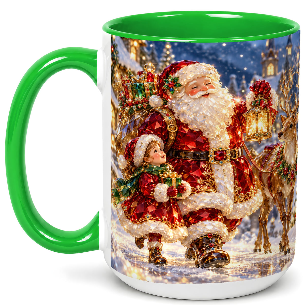 #pl[15oz|Green] Santa Lantern Coffee Mug, Christmas Reindeer Mug, Ceramic Cup