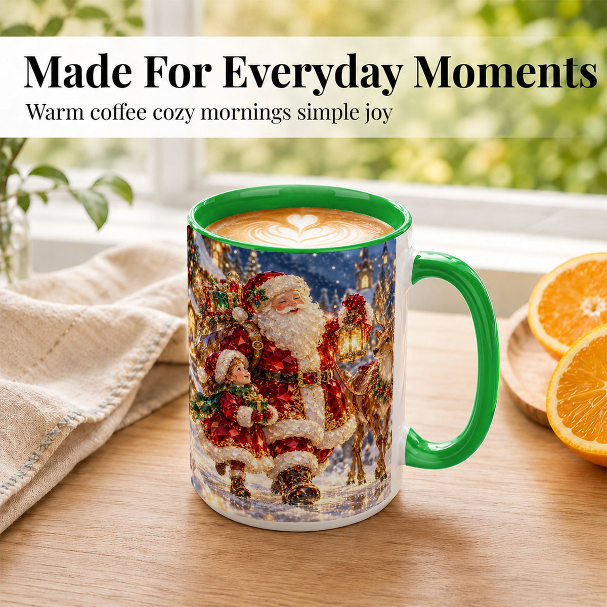 #pl[15oz|Green] Santa Lantern Coffee Mug, Christmas Reindeer Mug, Ceramic Cup
