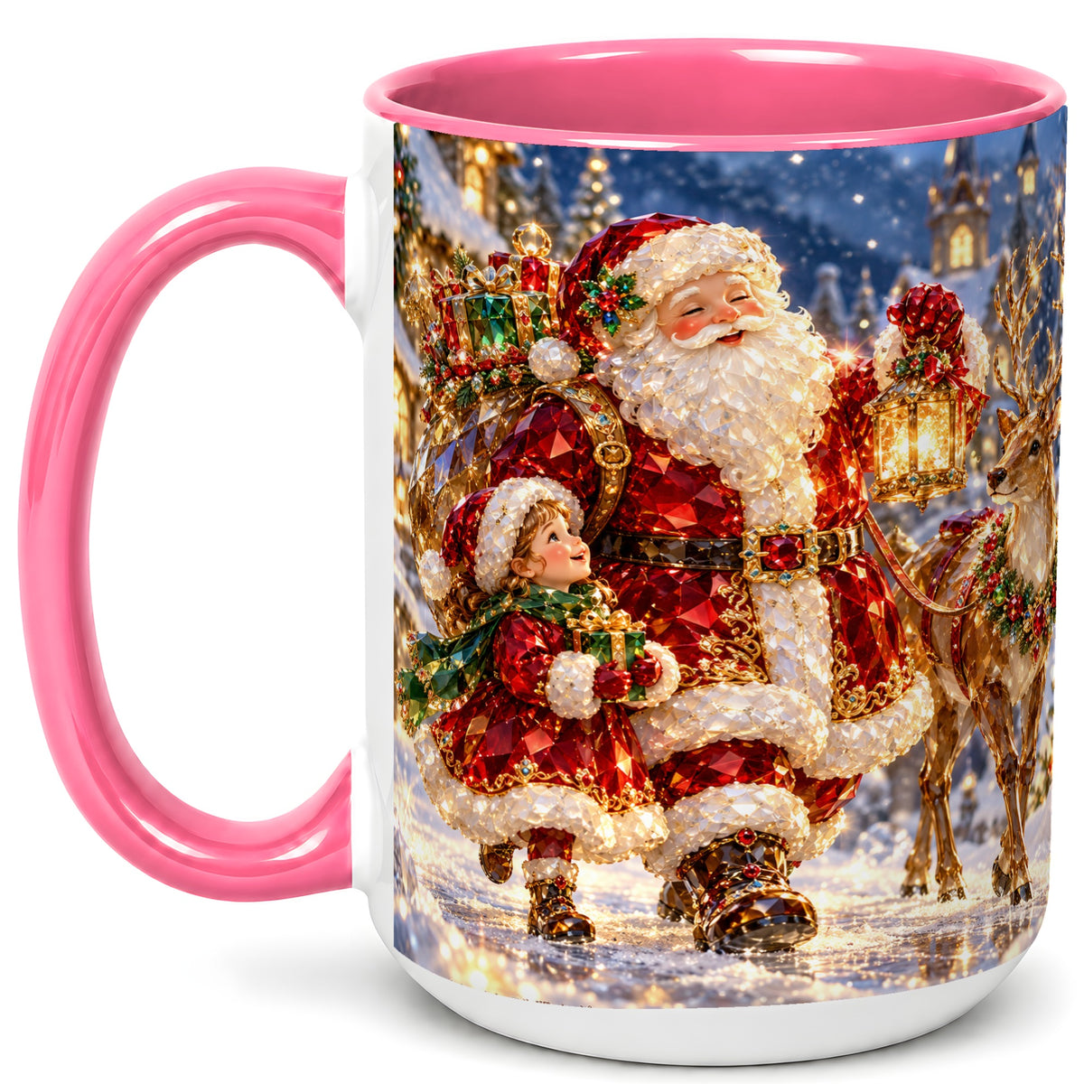 #pl[15oz|Pink] Santa Lantern Coffee Mug, Christmas Reindeer Mug, Ceramic Cup