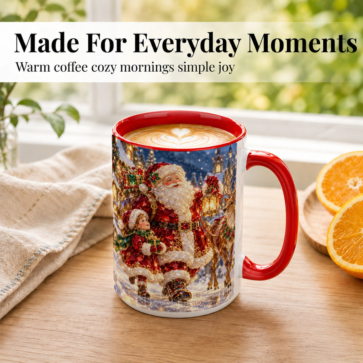 #pl[15oz|Red] Santa Lantern Coffee Mug, Christmas Reindeer Mug, Ceramic Cup