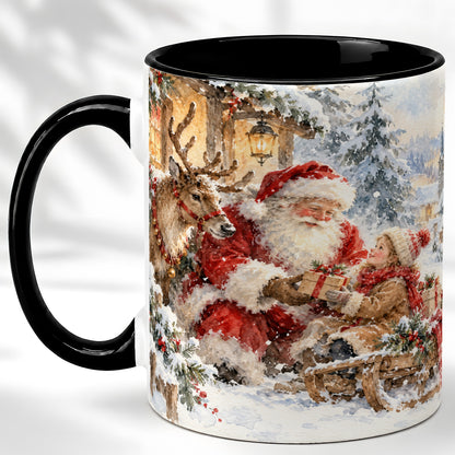 #pl[11oz|Black] Santa Watercolor Coffee Mug, Christmas Reindeer Mug, Ceramic Cup