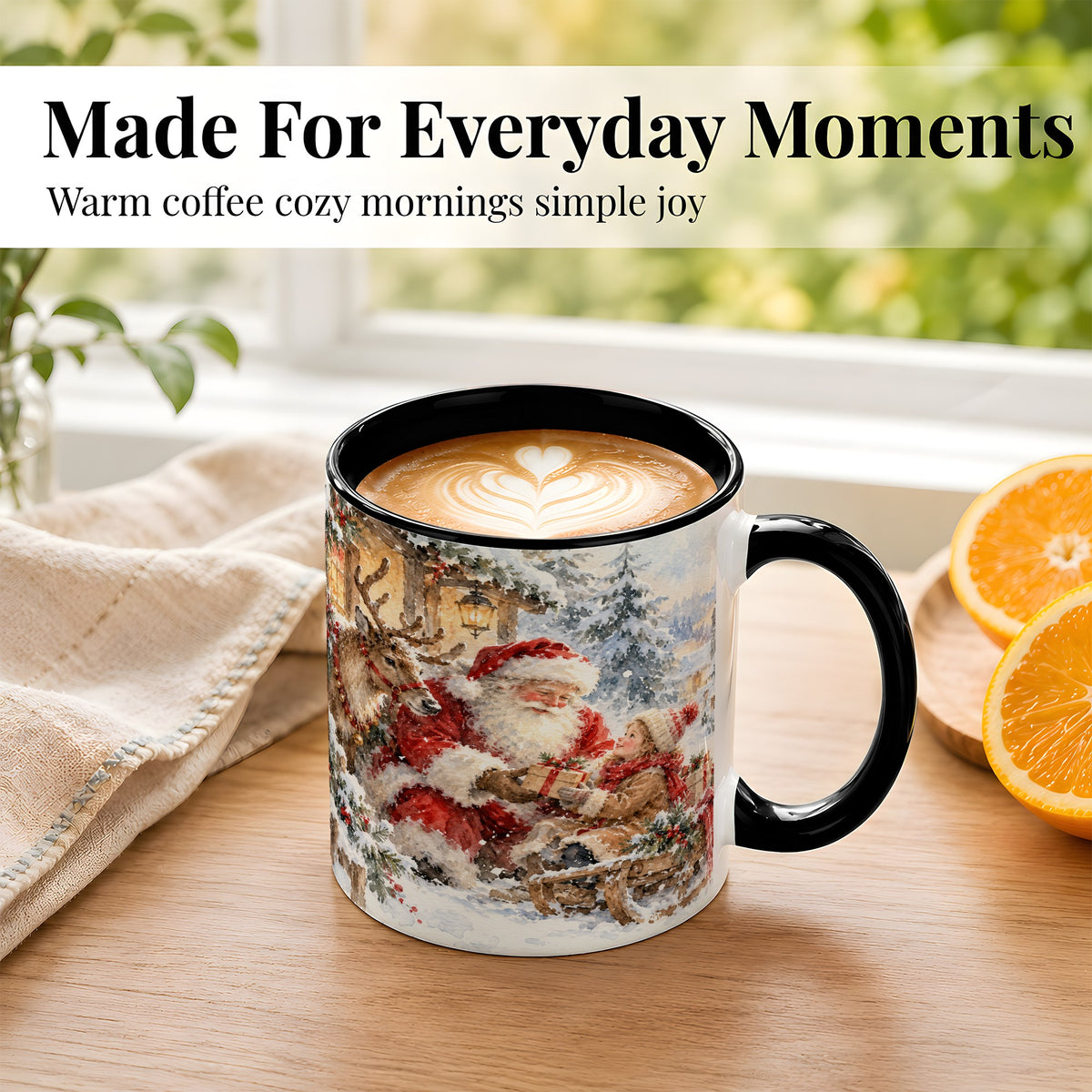 #pl[11oz|Black] Santa Watercolor Coffee Mug, Christmas Reindeer Mug, Ceramic Cup