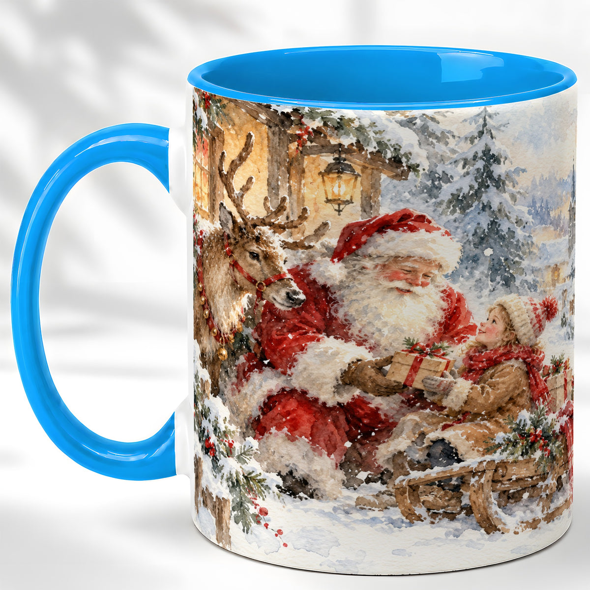 #pl[11oz|Blue] Santa Watercolor Coffee Mug, Christmas Reindeer Mug, Ceramic Cup