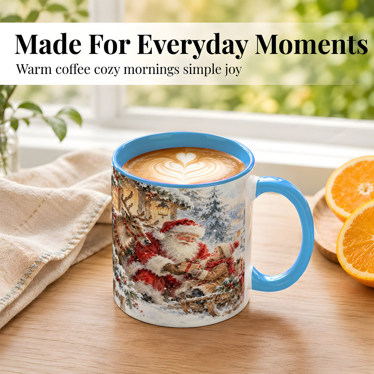 #pl[11oz|Blue] Santa Watercolor Coffee Mug, Christmas Reindeer Mug, Ceramic Cup