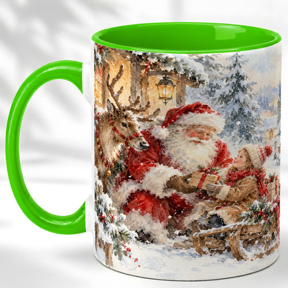 #pl[11oz|Green] Santa Watercolor Coffee Mug, Christmas Reindeer Mug, Ceramic Cup