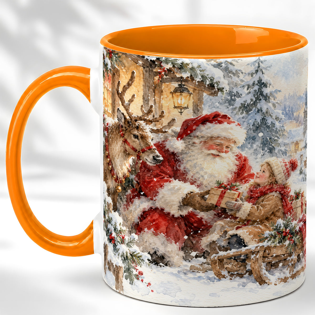 #pl[11oz|Orange] Santa Watercolor Coffee Mug, Christmas Reindeer Mug, Ceramic Cup