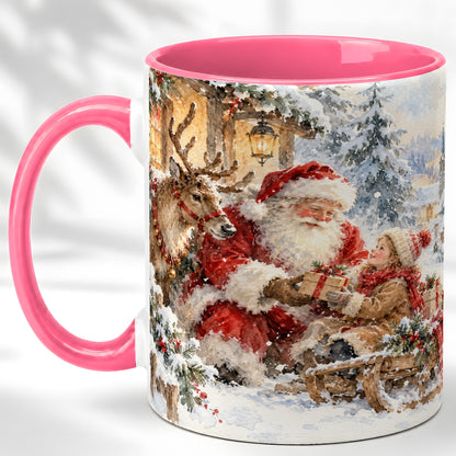 #pl[11oz|Pink] Santa Watercolor Coffee Mug, Christmas Reindeer Mug, Ceramic Cup