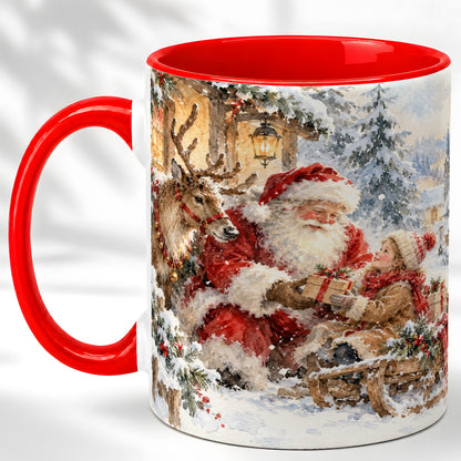 Santa Watercolor Coffee Mug, Christmas Reindeer Mug, Ceramic Cup