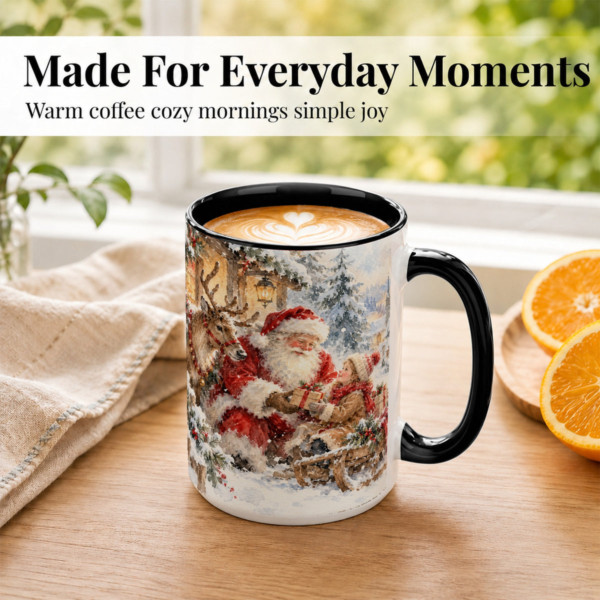 #pl[15oz|Black] Santa Watercolor Coffee Mug, Christmas Reindeer Mug, Ceramic Cup