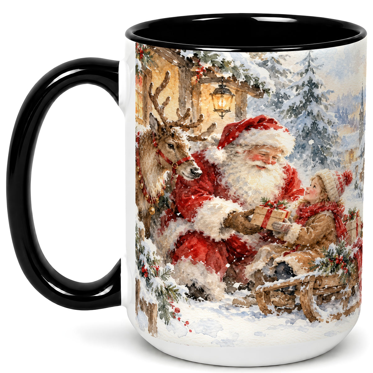 #pl[15oz|Black] Santa Watercolor Coffee Mug, Christmas Reindeer Mug, Ceramic Cup