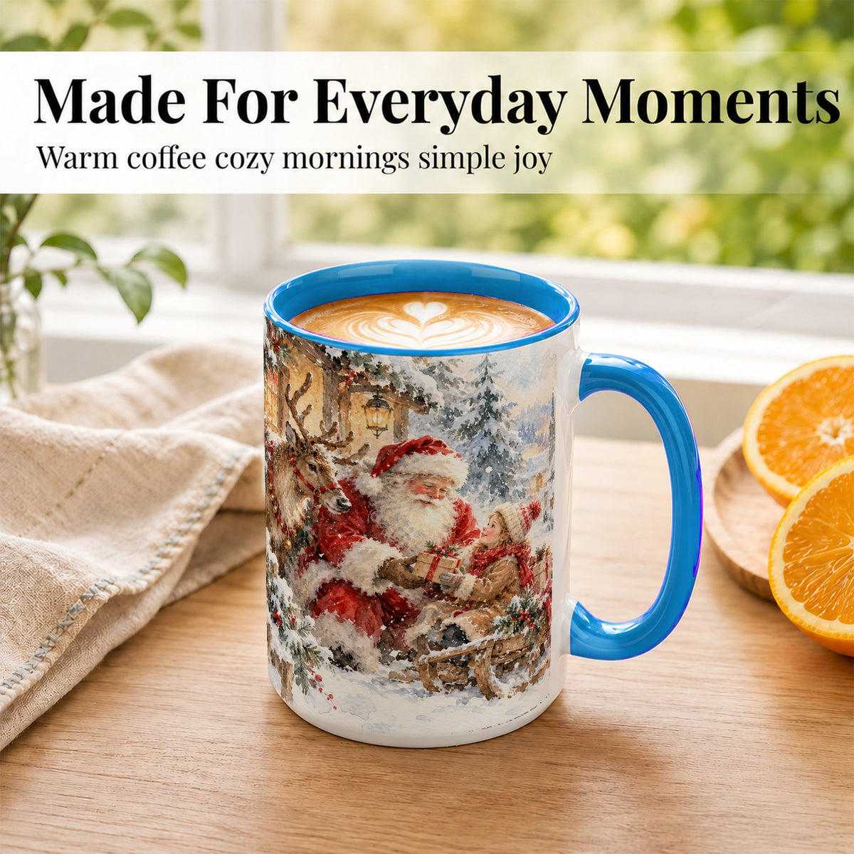 #pl[15oz|Blue] Santa Watercolor Coffee Mug, Christmas Reindeer Mug, Ceramic Cup