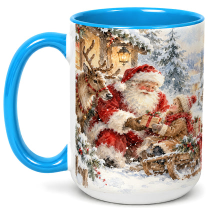 #pl[15oz|Blue] Santa Watercolor Coffee Mug, Christmas Reindeer Mug, Ceramic Cup