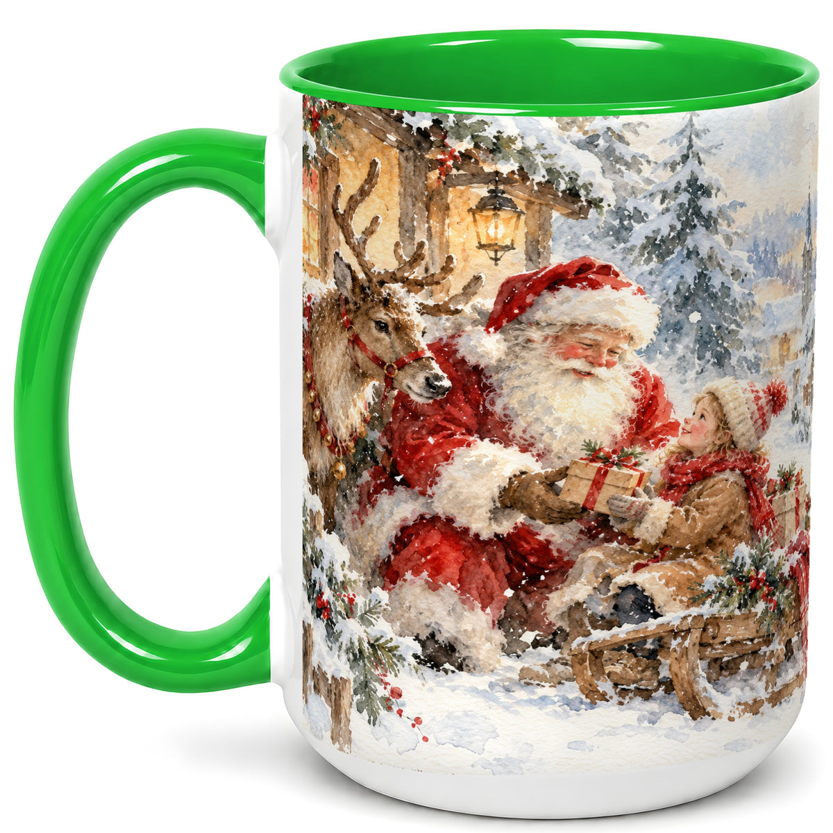 #pl[15oz|Green] Santa Watercolor Coffee Mug, Christmas Reindeer Mug, Ceramic Cup
