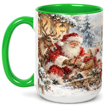 #pl[15oz|Green] Santa Watercolor Coffee Mug, Christmas Reindeer Mug, Ceramic Cup