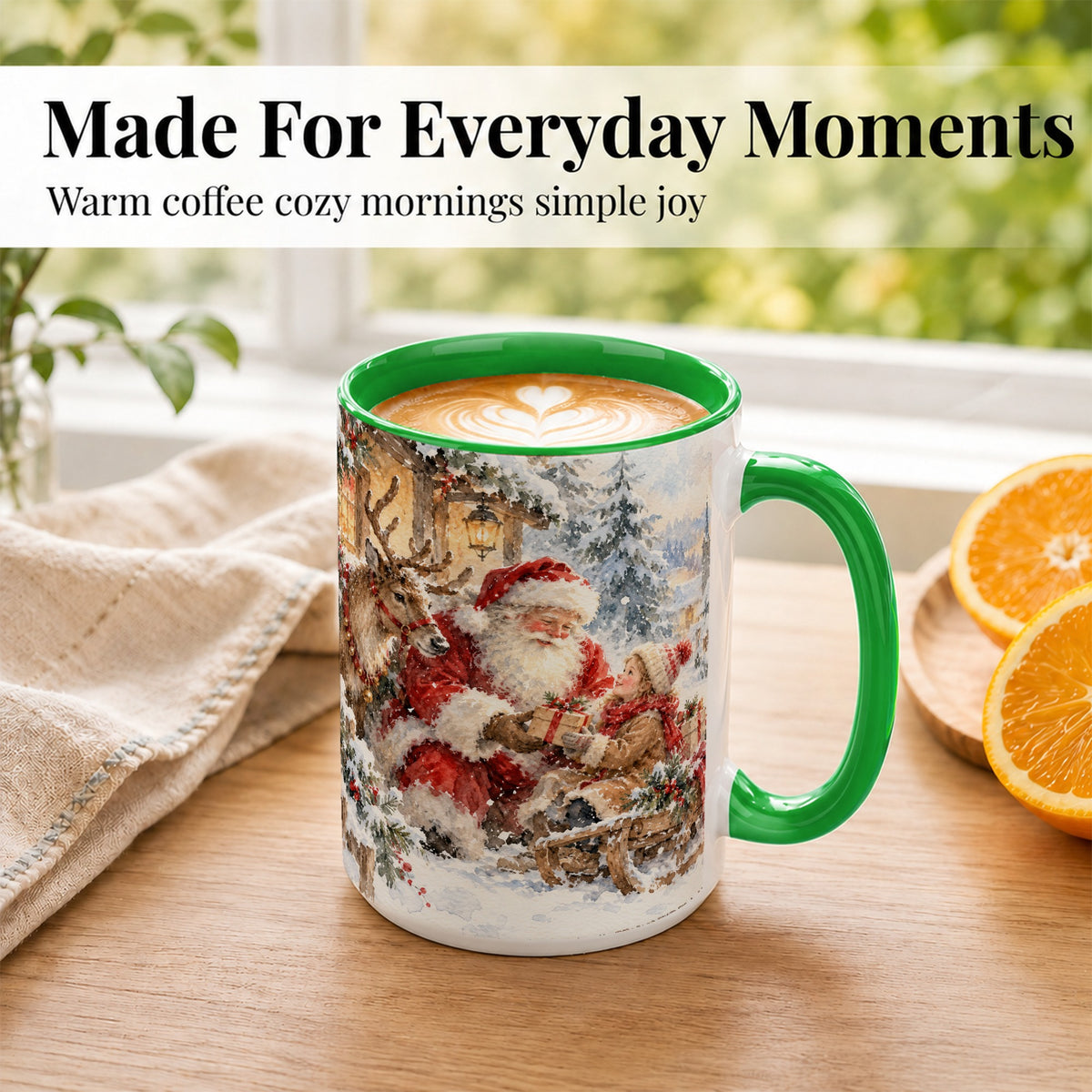 #pl[15oz|Green] Santa Watercolor Coffee Mug, Christmas Reindeer Mug, Ceramic Cup