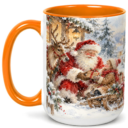 #pl[15oz|Orange] Santa Watercolor Coffee Mug, Christmas Reindeer Mug, Ceramic Cup