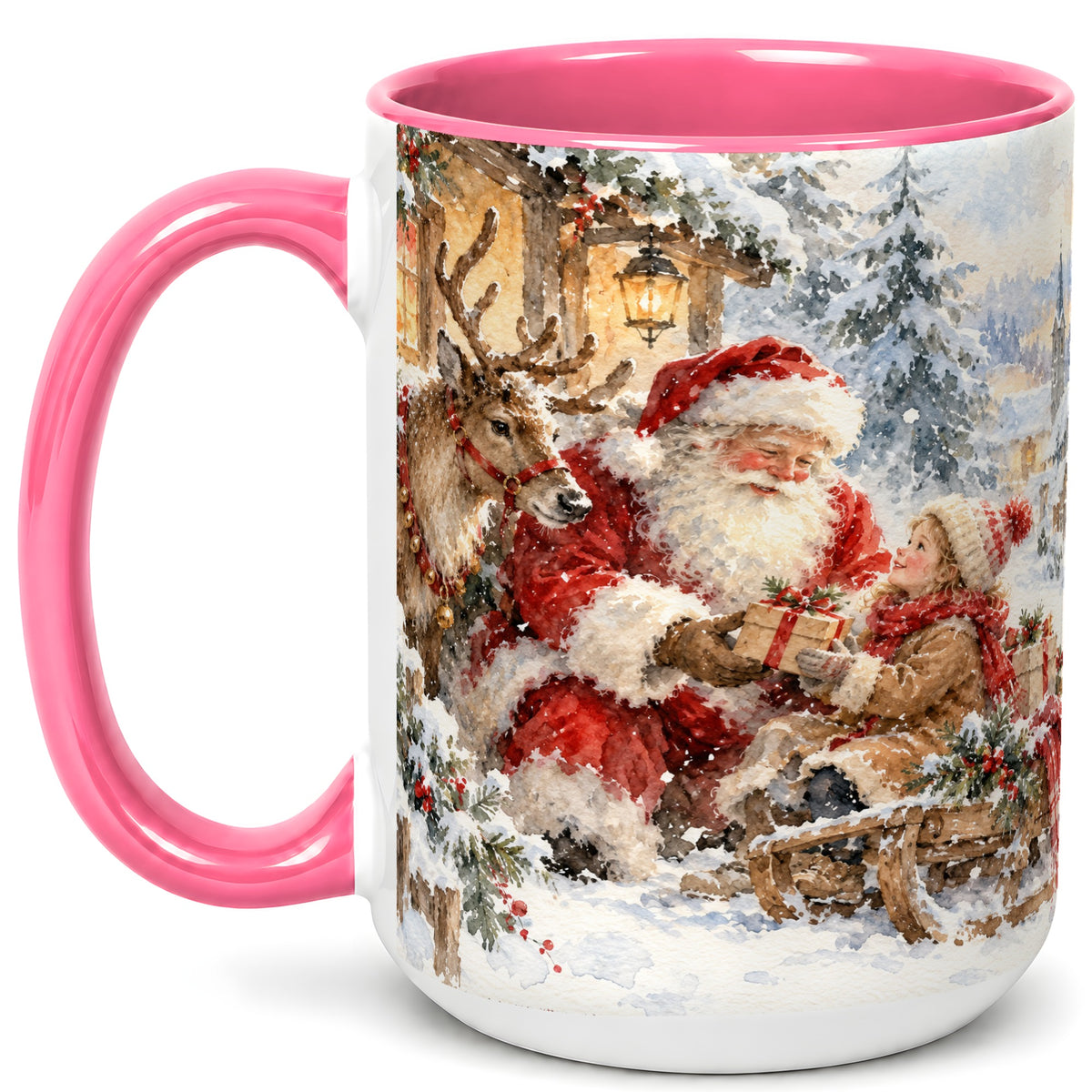 #pl[15oz|Pink] Santa Watercolor Coffee Mug, Christmas Reindeer Mug, Ceramic Cup