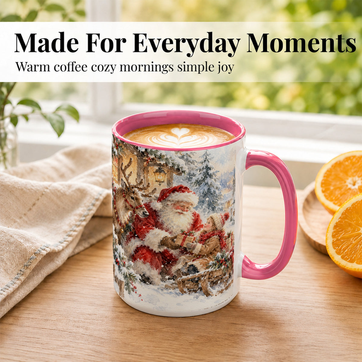 #pl[15oz|Pink] Santa Watercolor Coffee Mug, Christmas Reindeer Mug, Ceramic Cup
