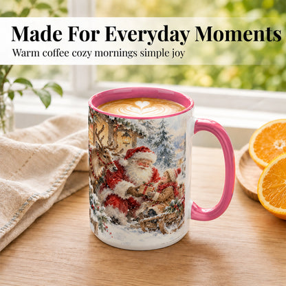 #pl[15oz|Pink] Santa Watercolor Coffee Mug, Christmas Reindeer Mug, Ceramic Cup