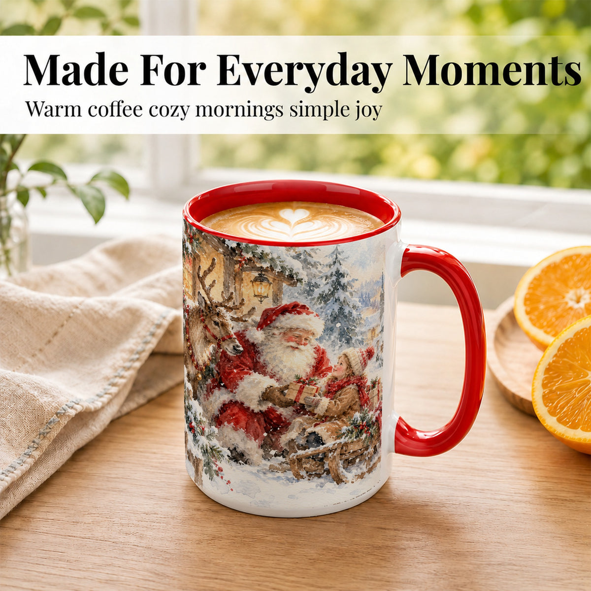 #pl[15oz|Red] Santa Watercolor Coffee Mug, Christmas Reindeer Mug, Ceramic Cup