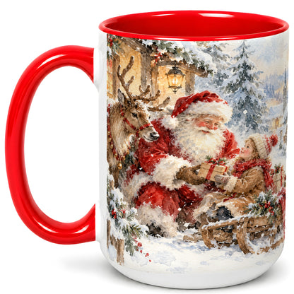 #pl[15oz|Red] Santa Watercolor Coffee Mug, Christmas Reindeer Mug, Ceramic Cup