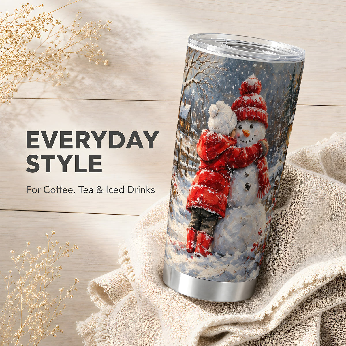 Snowman Hug Tumbler 20oz, Snowy Tumbler, Stainless Steel Travel Cup