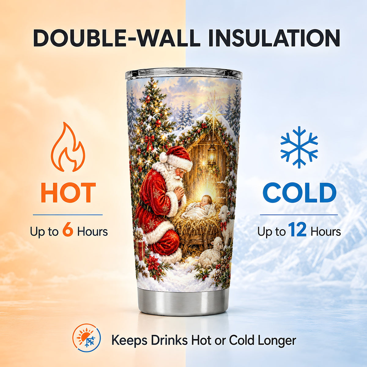 Christmas Manger Tumbler 20oz, Santa Tumbler, Stainless Steel Travel Cup