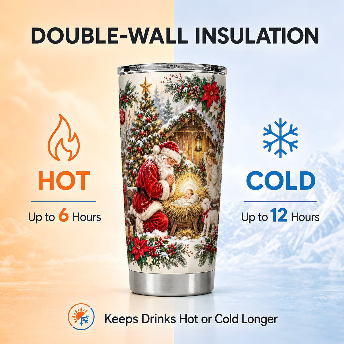 Christmas Manger Tumbler 20oz, Santa Tumbler, Stainless Steel Travel Cup