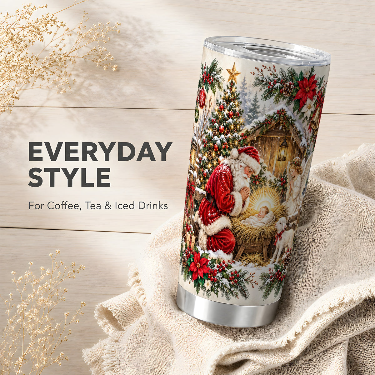 Christmas Manger Tumbler 20oz, Santa Tumbler, Stainless Steel Travel Cup
