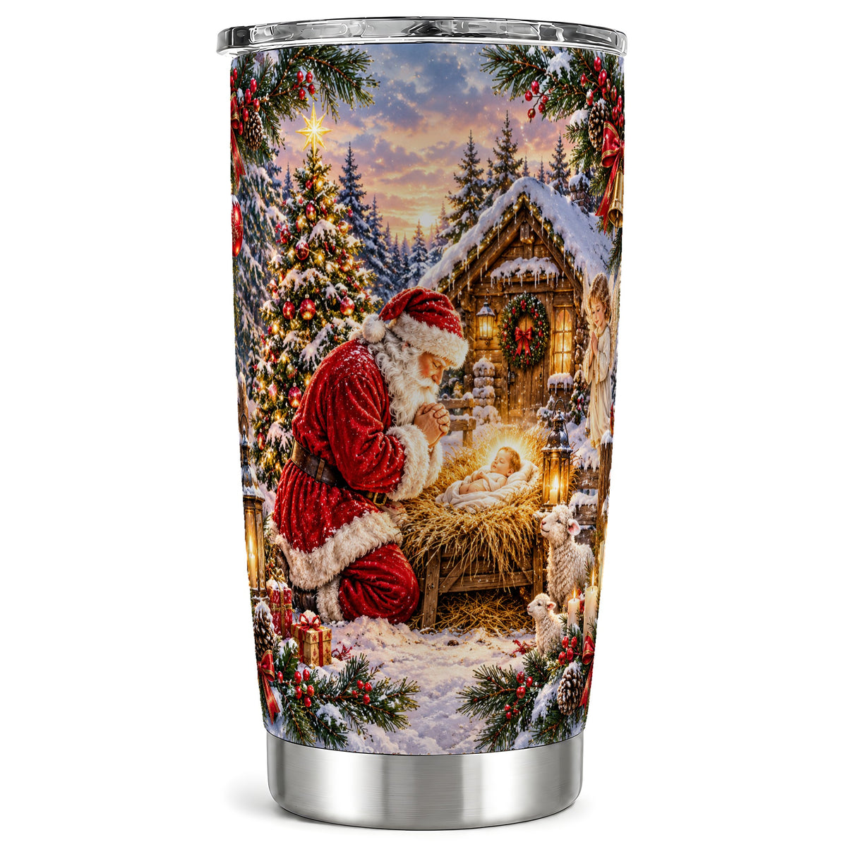 Snowy Santa Tumbler 20oz, Christmas Tumbler, Stainless Steel Travel Cup